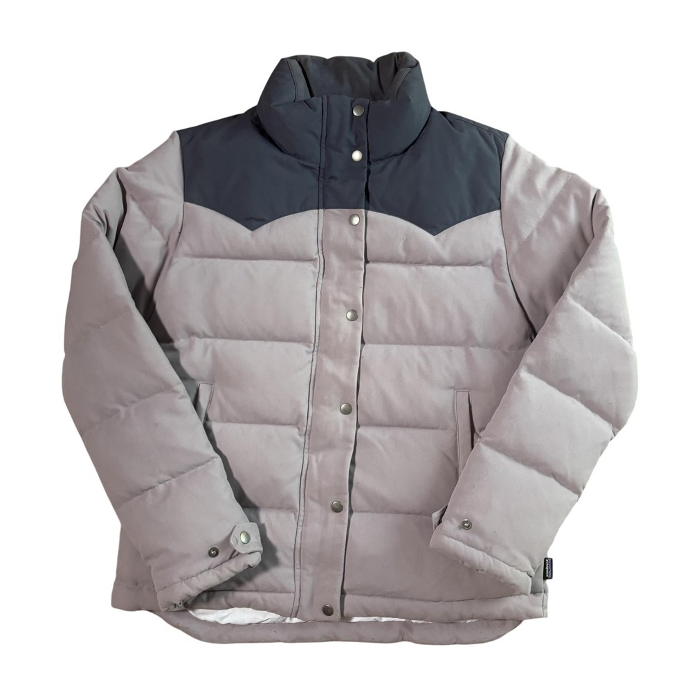 Patagonia Jacket Womens Medium Gray Down Puffer Canvas Full Zip Snap Warm Winter